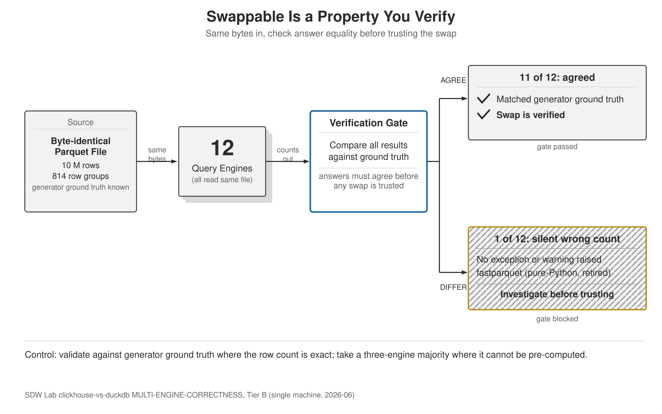 Twelve query engines read one byte-identical 10-million-row Parquet file and their counts go to a verification gate that checks each against generator ground truth. Eleven agreed and the swap is verified; one returned a silently wrong count with no error raised, so that gate is blocked pending investigation.